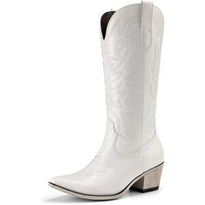 Women White Fashion Low Chunky Heel Snip Toe Embroidery Western Mid Calf Boots